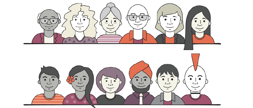 Illustration of 12 people of different ages, sex and ethnicity.