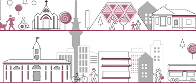 Graphic of Auckland landmarks such as the ferry terminal building, sky tower, a volcanic cone, people, and community facilities