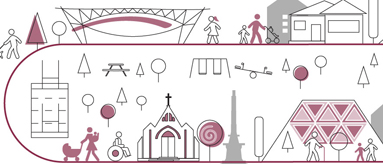 Graphic of Auckland landmarks such as the ferry terminal building, sky tower, and community facilities