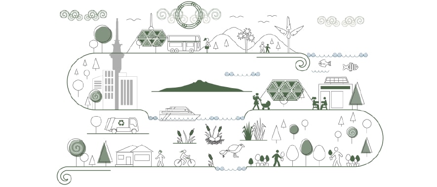  Conceptual graphic of Auckland landmarks such as the sky tower, rangitoto island, and one tree hill.