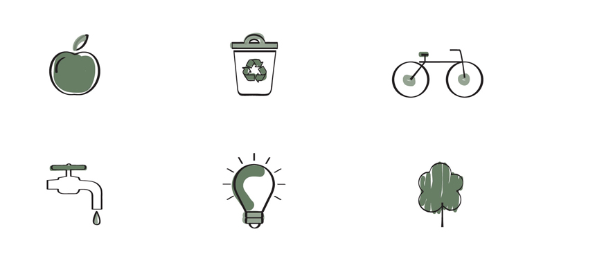 Environmentally friendly icons, including an apple, recycled coffee cup and bike.