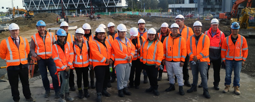 Photograph showing participants of the Māori and Pasifika Trades Training programme on a construction site.
