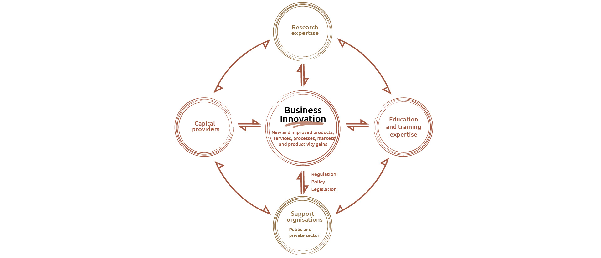 A visual showing the environment that is required to support and encourage business innovation. Business innovation includes the development of new and improved products, services, processes and markets and delivering gains in productivity.