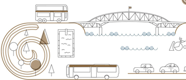 Sketch showing Auckland transport options including buses, and cars along with some landmarks of Auckland.