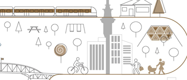 Conceptual graphic showing community areas, different forms of transport and the Sky Tower. 