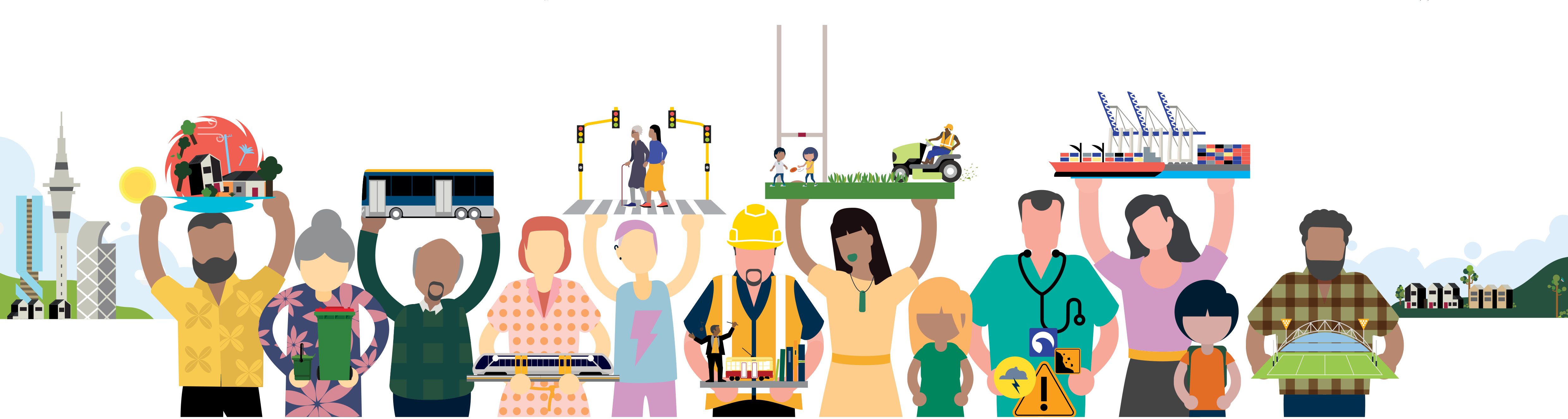 Illustration of a group of people representing all Aucklanders and council services, like public transport and bin collection.