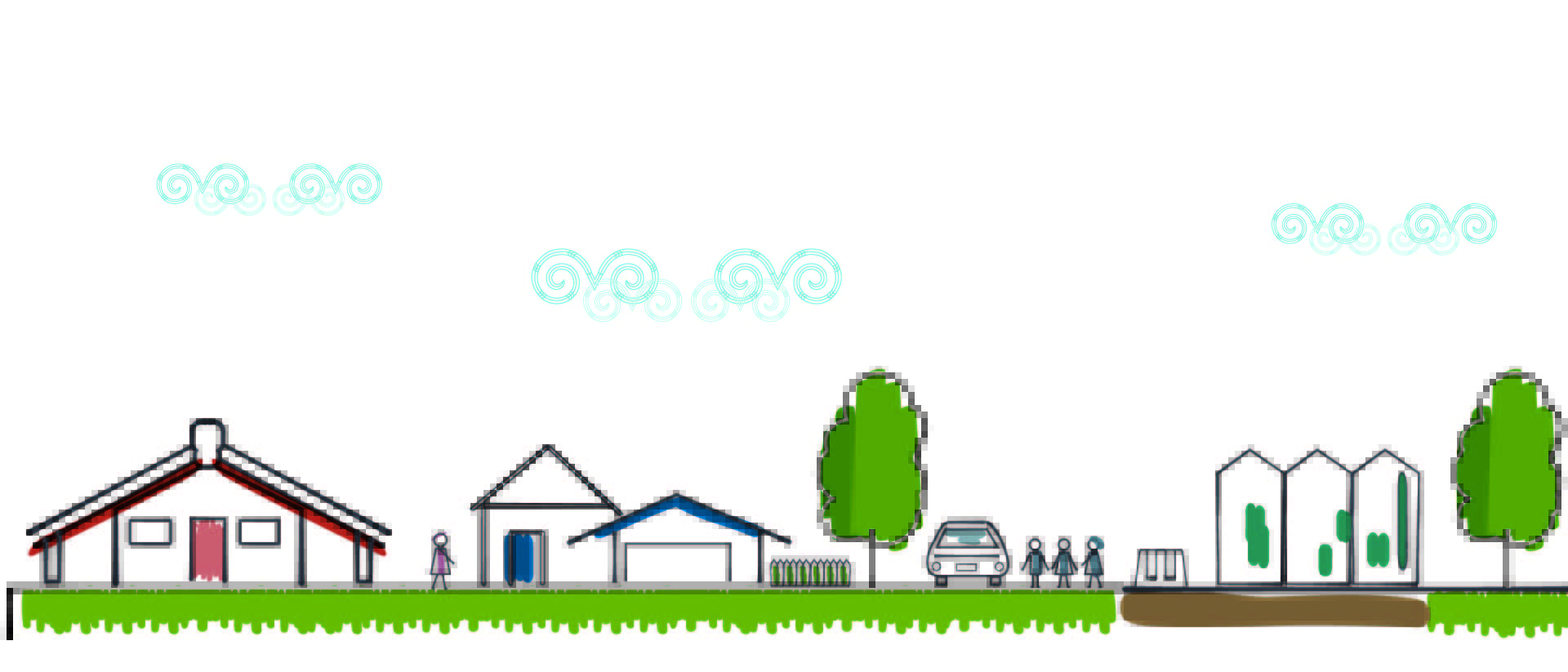 Illustration of a neighbourhood comprised of a marae, a residential house, tall buildings and a community park.