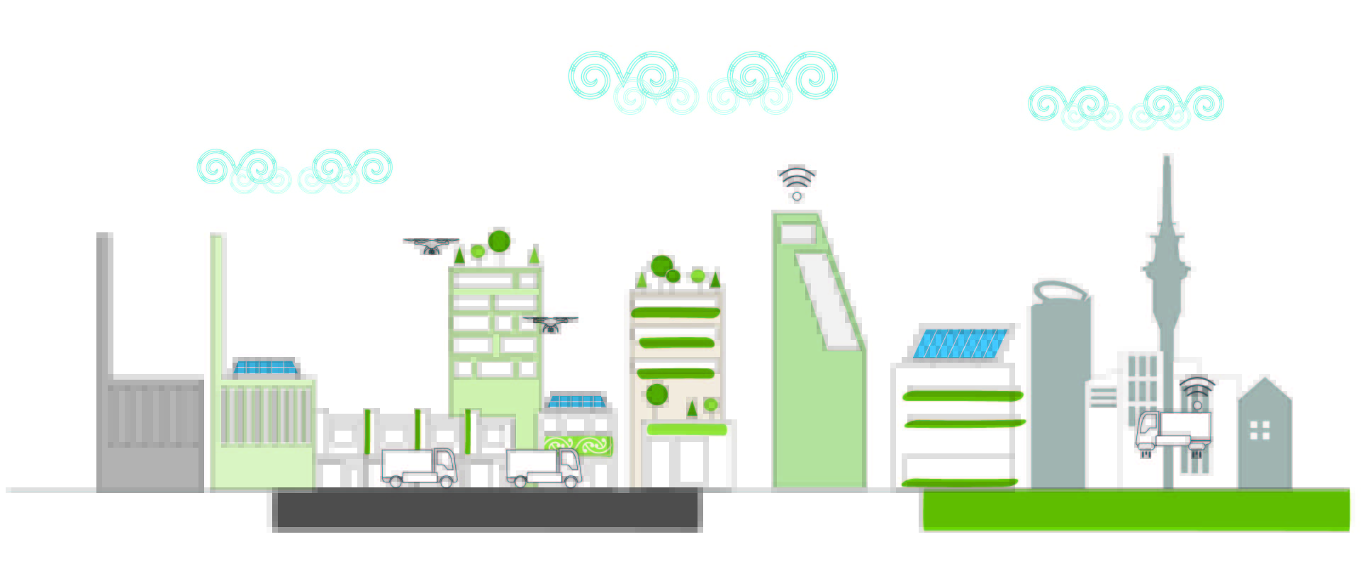 Illustration of future central Auckland with buildings that have solar panels, green roofs, and electric vehicles.