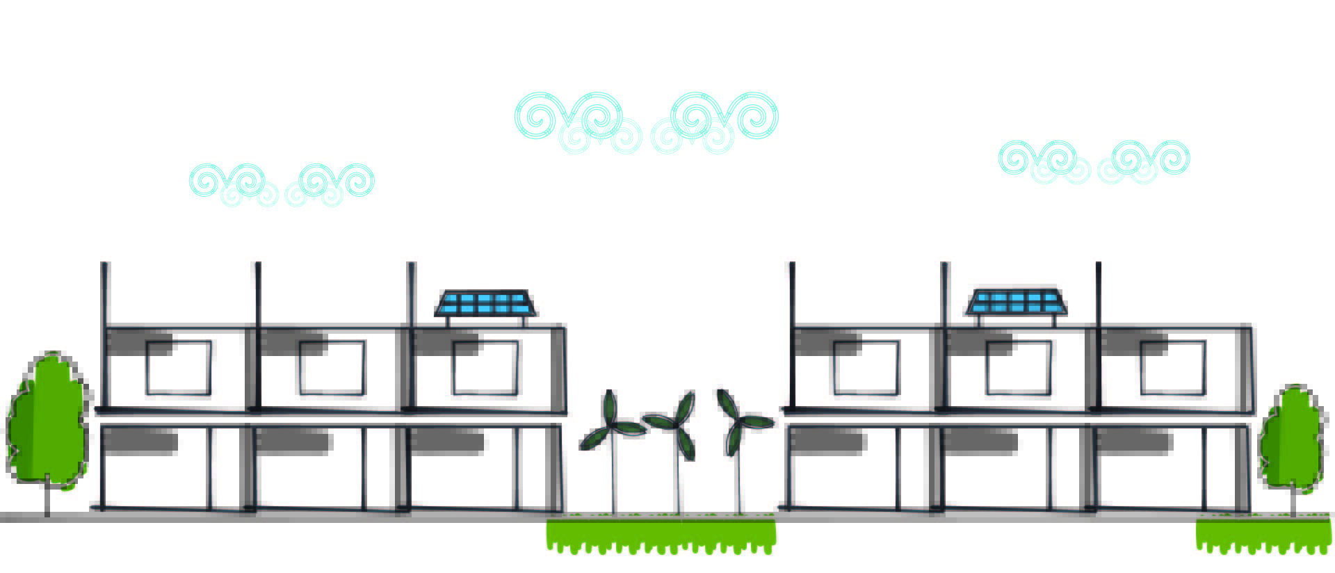 Illustration of two-storey buildings with solar panels on the roofs and wind turbines between the buildings.