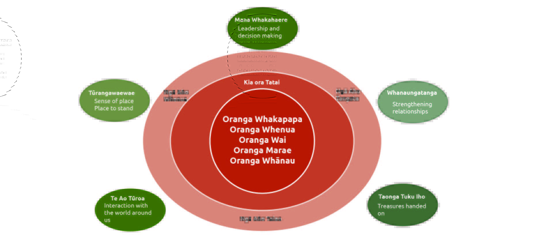 Diagram of Kia ora Te Tatai showing three dimensions of well-being and five core Māori values and principles.
