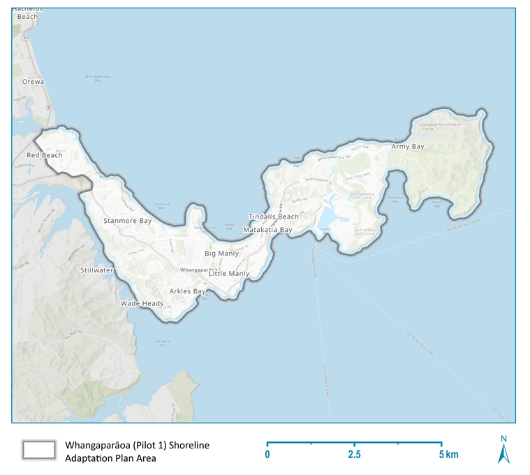 The Whangaparāoa Pilot Shoreline Adaptation Plan covers the whole of the Whangaparāoa peninsula, which includes Red Beach, Stanmore Bay, Big Manly, Army Bay, Shakespear Park, Gulf Harbour, Little Manly, Arkles Bay/Wade Heads and Weiti River.