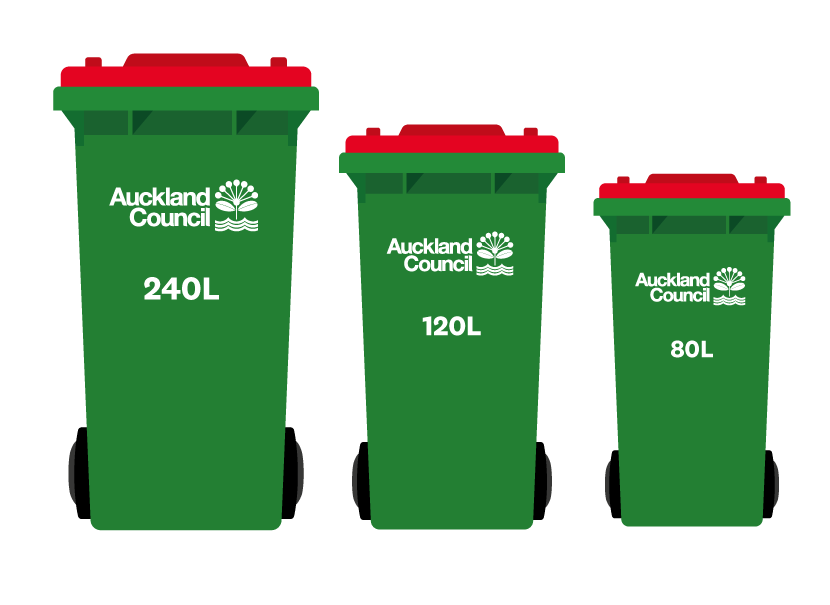 Central Auckland rubbish bins are green with a red lid and come in 240, 120 or 80-litre sizes.